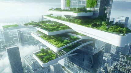 Poster - Futuristic Green Skyscraper with Rooftop Gardens and City View