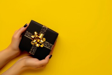 Hand holding gift box isolated on yellow background