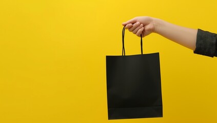 Hand holding shopping bags isolated on yellow background