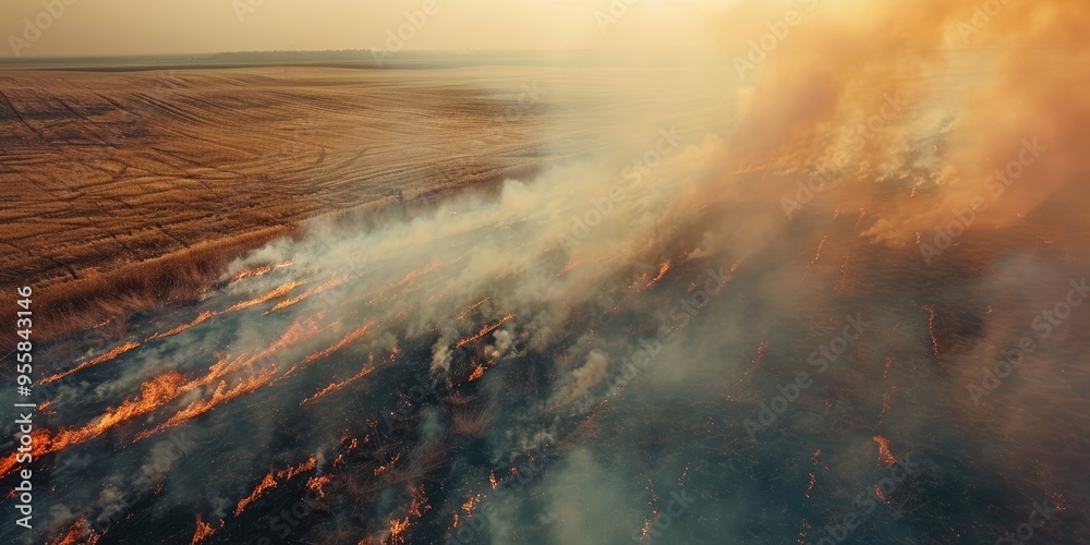 Sweltering Condition Aerial Perspective of Dry Grass Burning Amid Drought and Sweltering ...