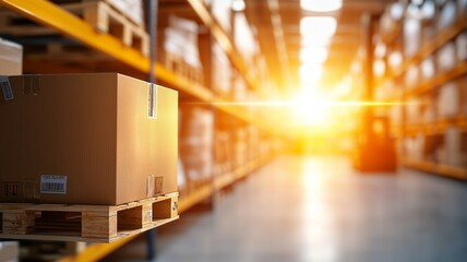 A cardboard box is hanging from a pallet in a warehouse