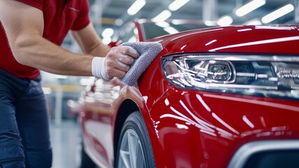 Wall Mural - A man polishes a red car