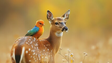 Poster - Nature, deer turning to look at colorful birds on their backs, biodiversity, magazine-style photography, local features, deer, animal, wildlife, nature, mammal, wild, doe, brown, grass, young, fawn, 