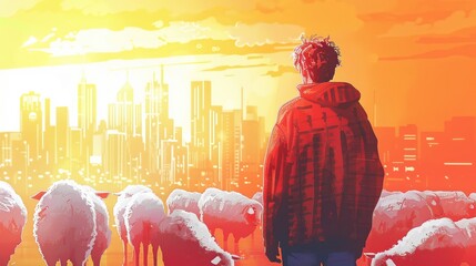 The Good Shepherd in a modern city with digital sheep