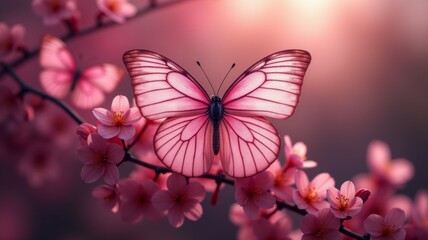 Wall Mural - A butterfly is perched on a pink flower