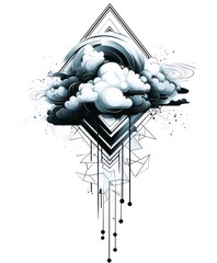 Canvas Print - Abstract illustration of clouds and geometric shapes in black and white.