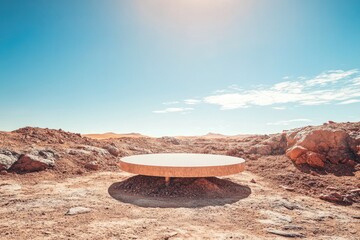 Wall Mural - An empty, elevated podium in the middle of a Martian landscape, with a bright blue sky and plenty of space for product features and descriptions