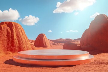 Wall Mural - A podium set against the backdrop of Mars' red landscape and a bright blue sky, ideal for highlighting products in a futuristic setting