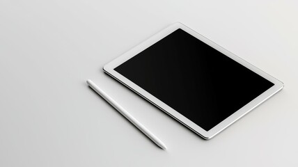 Poster - A white tablet and a white pencil are placed on a white surface