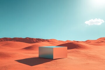 Wall Mural - An isolated podium in the red dunes of Mars, with a bright blue sky, perfect for showcasing products with a sci-fi twist