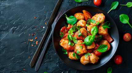 Delicious chicken stir-fry with fresh vegetables and herbs in a bowl