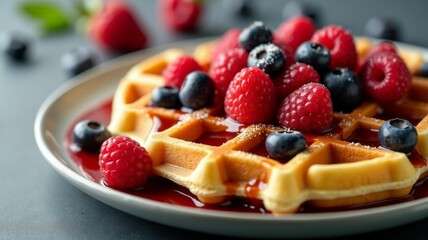 Wall Mural - A plate of waffles with blueberries and raspberries on top