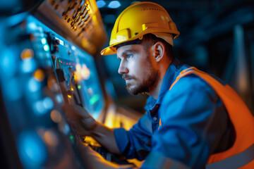 Focused engineer using advanced technology in industrial control room