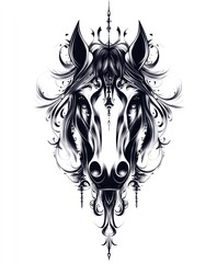 Poster - An artistic black and white illustration of a horse's head with intricate floral designs.