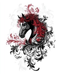 Wall Mural - A stylized black horse head with red mane, surrounded by intricate floral designs.