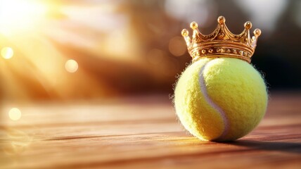 A tennis ball is sitting on a wooden surface with a crown on top of it