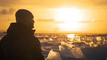 Climate change, warming, melting glaciers, rising sea levels, ice water, Human environment, Big Square ice, A man looks worried inside, face, person, hair, people, beard, boy,  smiling, handsome, seri