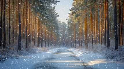 Canvas Print - snowcovered forest tall pine trees a frozen stream and falling snowflakes