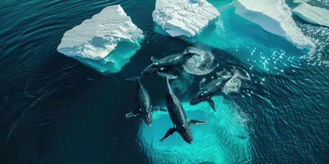 Canvas Print - Aerial view of humpback whale family near icebergs