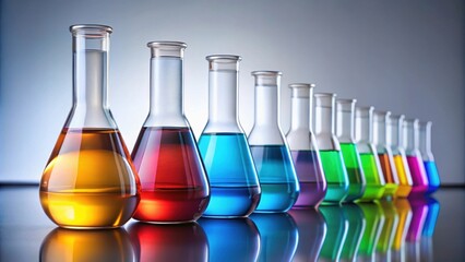 Wall Mural - Row of glass flasks filled with colorful liquid , laboratory, chemistry, science, experiment, research, biology, chemical