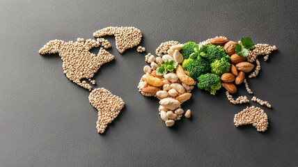 A map of the world made out of nuts and vegetables