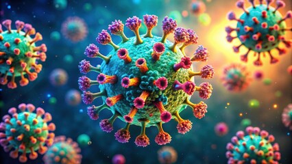 Colorful  of a virus with intricate details in a microscopic environment , vibrant, virus,, colorful, microscopic, detailed