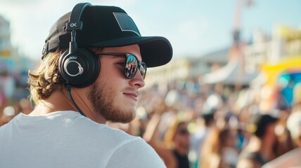 Canvas Print - A man wearing a black hat and sunglasses is standing in front of a crowd