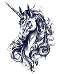 Canvas Print - A stylized unicorn head with flowing mane and a prominent horn.