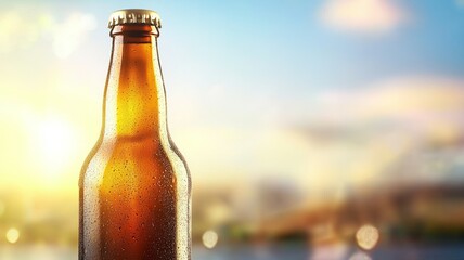 A bottle of beer is sitting on a table with a cloudy sky in the background