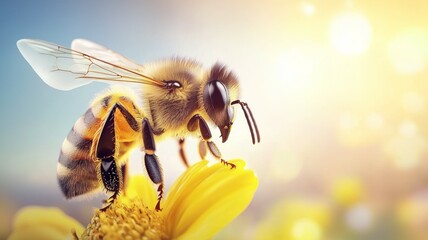 Wall Mural - A bee is on a yellow flower