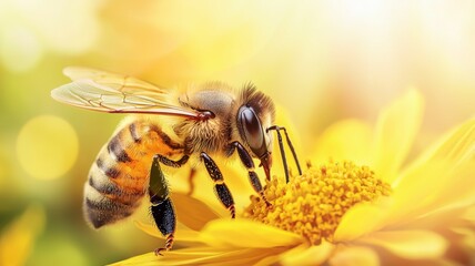 Wall Mural - A bee is on a yellow flower