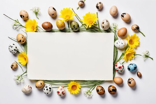 Colorful Easter egg frame vector illustration with flowers and candy for card decoration