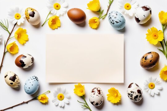 Colorful Easter egg frame vector illustration with flowers and candy for card decoration