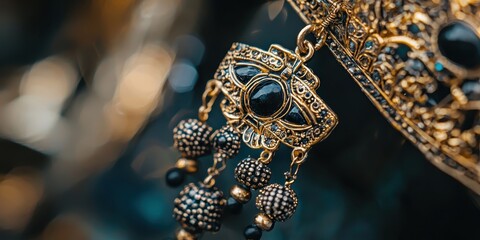 Poster - Gold and Black Jewelry Detail with Gemstones and Beads