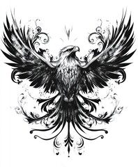 Canvas Print - A stylized black and white illustration of an eagle with intricate floral designs.