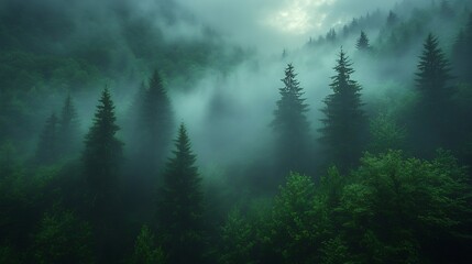 Canvas Print - mysterious foggy forest towering trees soft light filtering through the mist