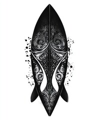 Wall Mural - A stylized black surfboard with intricate designs and splashes of paint.