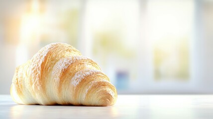 Wall Mural - A croissant with powdered sugar on top sits on a table