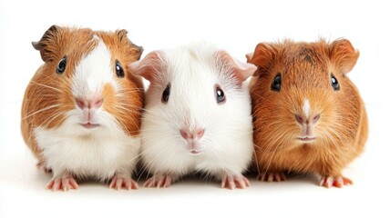 Three small brown and white guinea pigs are standing next to each other