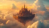 A floating castle surrounded by clouds and illuminated by a soft, golden light