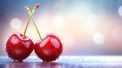 Two cherries are sitting on a table