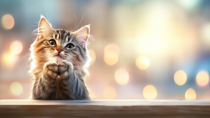 A cat is praying on a wooden table