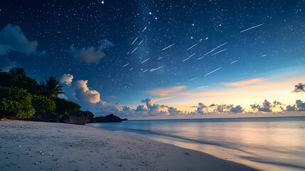 Wall Mural - a tranquil beach with sand that sparkles like diamonds, under a sky filled with shooting stars