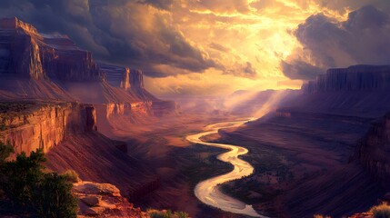 Wall Mural - A serene landscape with a river of light flowing through a canyon, under a sky filled with swirling clouds