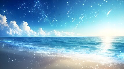 Wall Mural - a tranquil beach with sand that sparkles like diamonds, under a sky filled with shooting stars