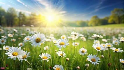 Wall Mural - Tranquil spring meadow with a blooming field of daisies, Spring, summer, nature, countryside, tranquil, field, flowers, daisies