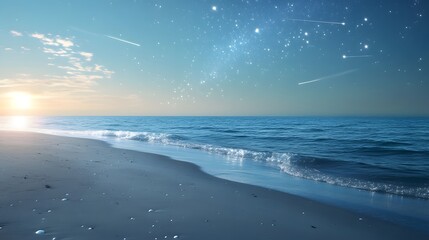 Wall Mural - a tranquil beach with sand that sparkles like diamonds, under a sky filled with shooting stars