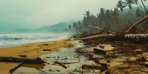 Wall Mural - Hazy image of a beach scattered with broken trees and plants after a landslide