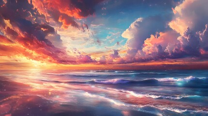 Wall Mural - A dreamlike beach with waves made of light, under a sky filled with colorful clouds