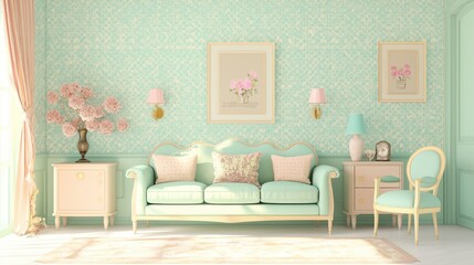 Poster - Elegant Mint Green Living Room with Vintage Furniture and Floral Accents